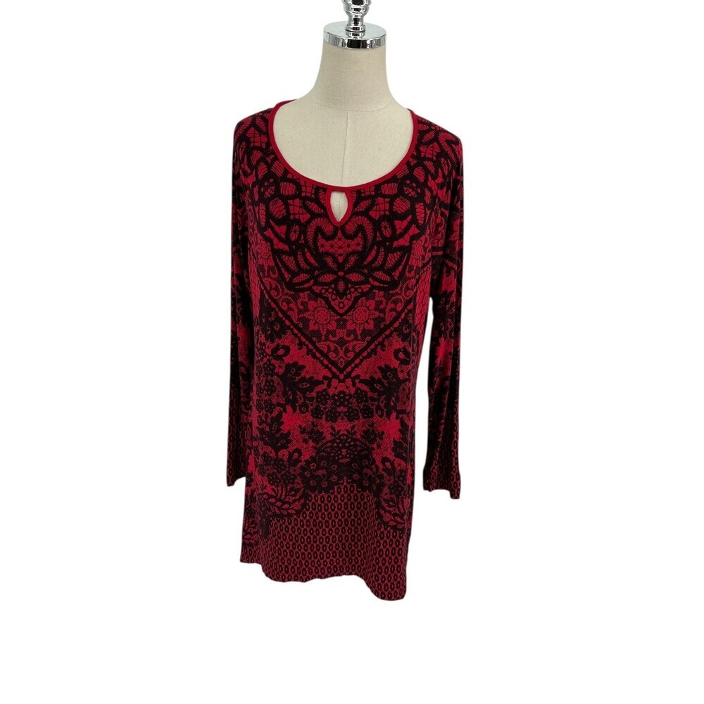 Soma Size Large Red Black Top Crochet Lace Print LoungeWear Shirt Whimsigoth Y2K
